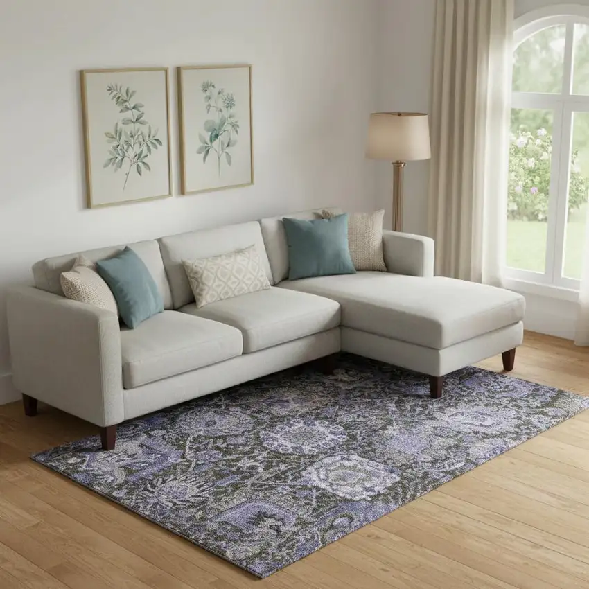 Purple Gray And Silver Damask Washable Area Rug With UV Protection Photo 2