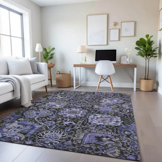 Purple Gray And Silver Damask Washable Area Rug With UV Protection Photo 4