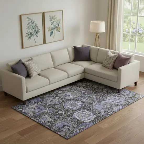 Purple Gray And Silver Damask Washable Area Rug With UV Protection Photo 2