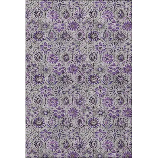 Purple Gray And Silver Floral Washable Area Rug With UV Protection Photo 4