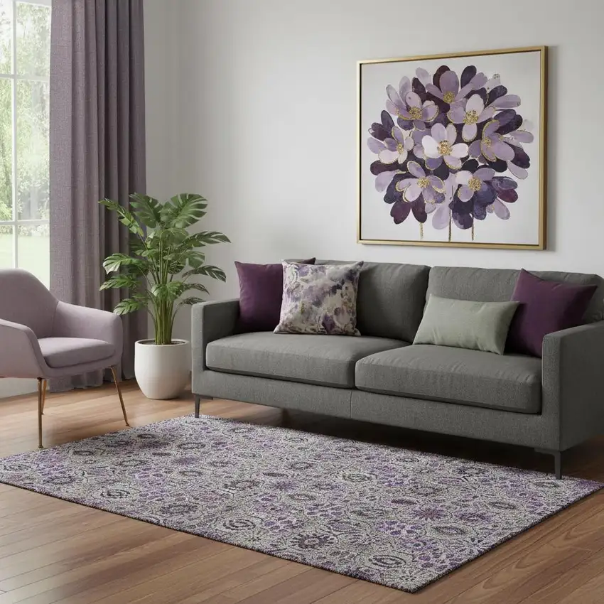 Purple Gray And Silver Floral Washable Area Rug With UV Protection Photo 2