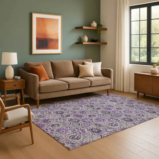 Purple Gray And Silver Floral Washable Area Rug With UV Protection Photo 6