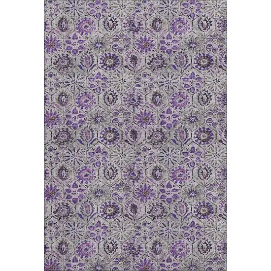 Purple Gray And Silver Floral Washable Area Rug With UV Protection Photo 1