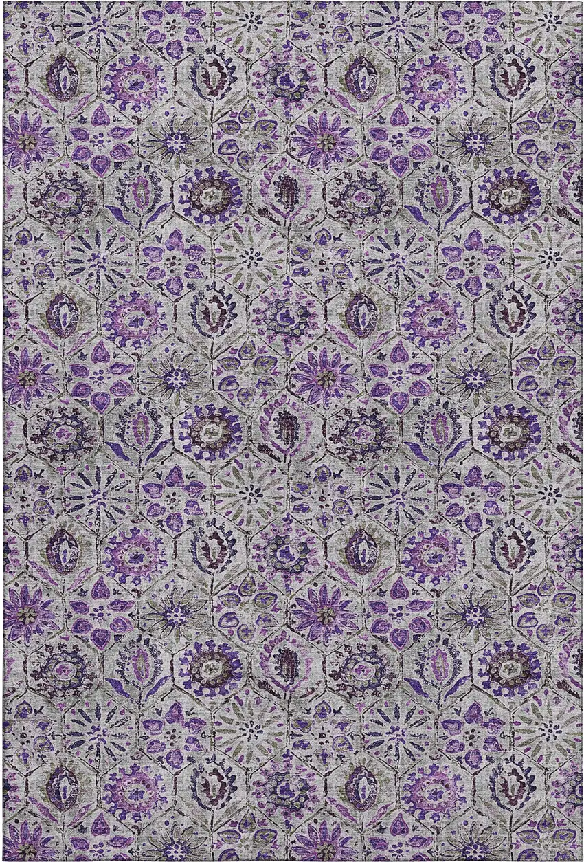Purple Gray And Silver Floral Washable Area Rug With UV Protection Photo 1