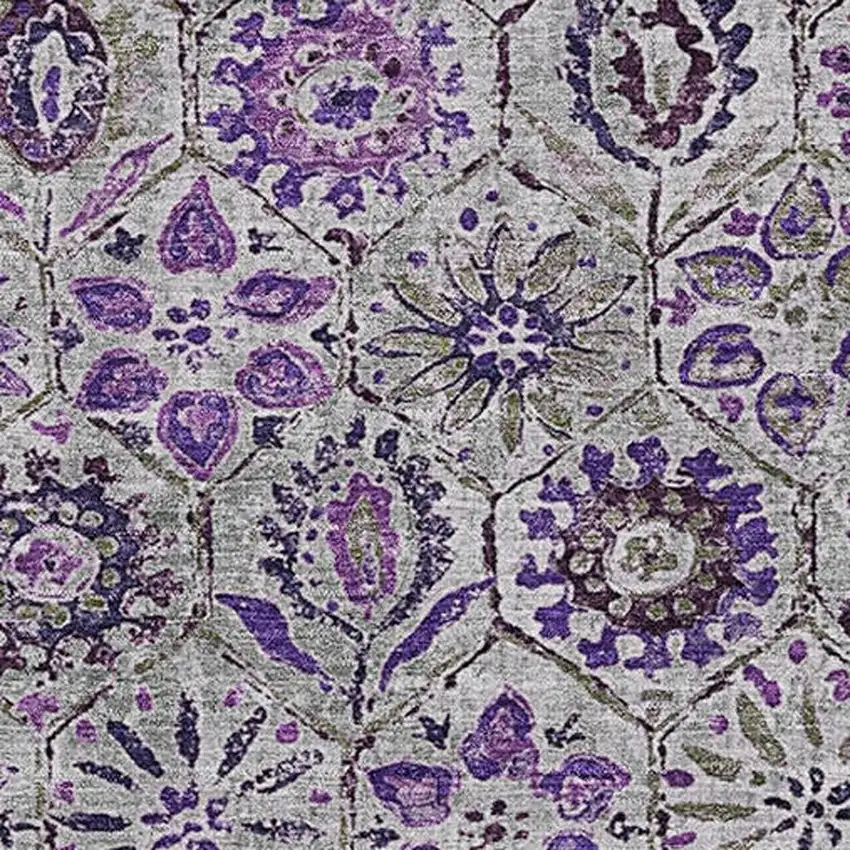 Purple Gray And Silver Floral Washable Area Rug With UV Protection Photo 3
