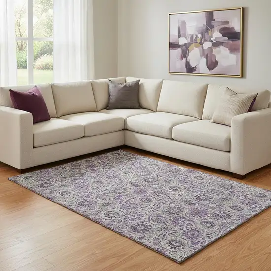 Purple Gray And Silver Floral Washable Area Rug With UV Protection Photo 2