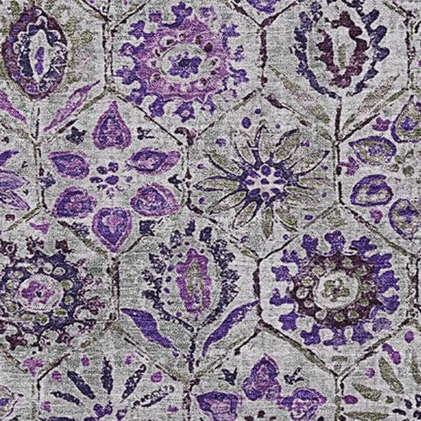 Purple Gray And Silver Floral Washable Area Rug With UV Protection Photo 3