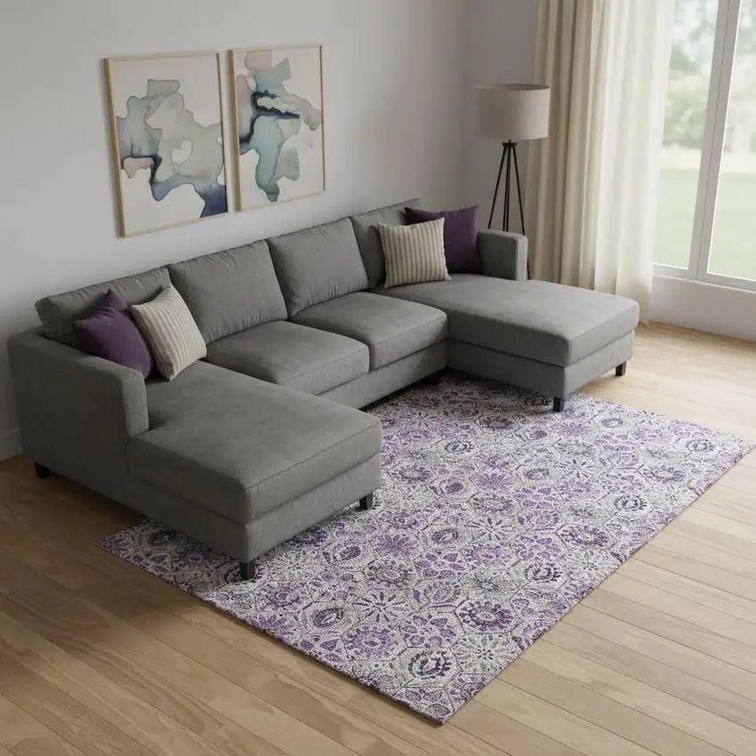 Purple Gray And Silver Floral Washable Area Rug With UV Protection Photo 2