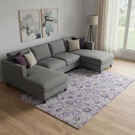 Purple Gray And Silver Floral Washable Area Rug With UV Protection Photo 2