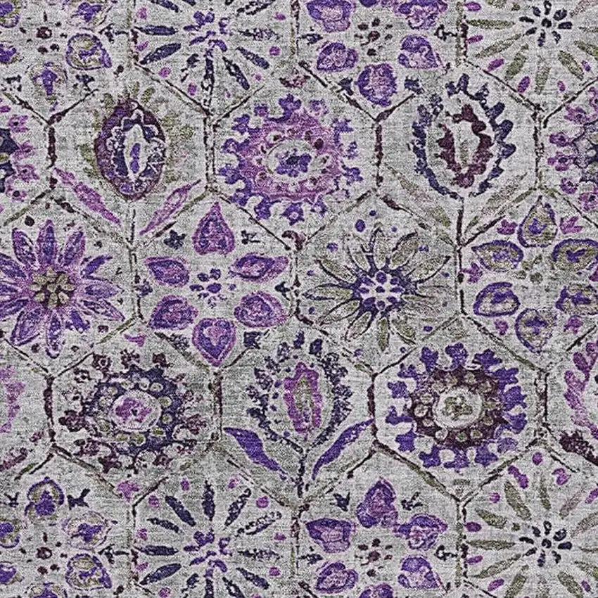 Purple Gray And Silver Floral Washable Area Rug With UV Protection Photo 3