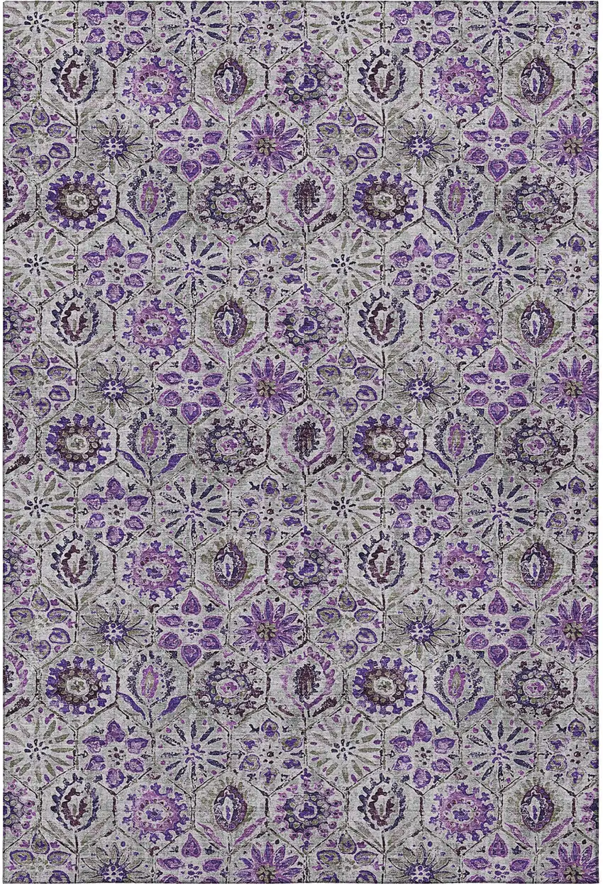 Purple Gray And Silver Floral Washable Area Rug With UV Protection Photo 4