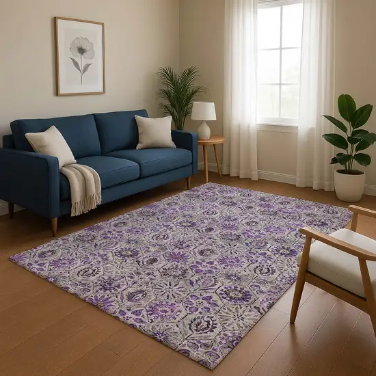 Purple Gray And Silver Floral Washable Area Rug With UV Protection Photo 5