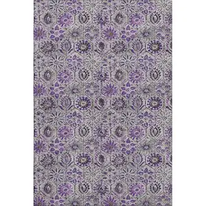 Photo of Purple Gray And Silver Floral Washable Area Rug With UV Protection