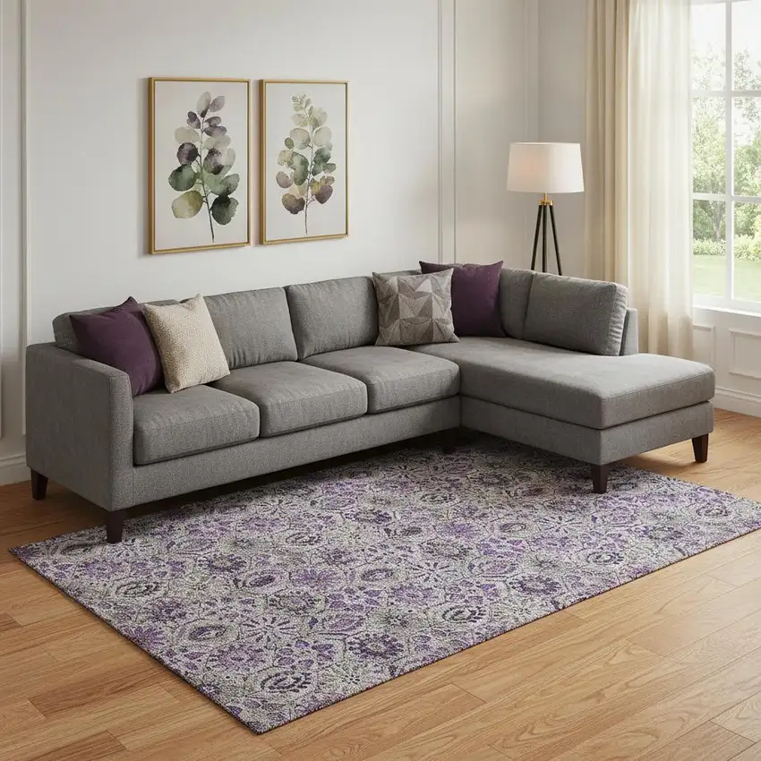 Purple Gray And Silver Floral Washable Area Rug With UV Protection Photo 2