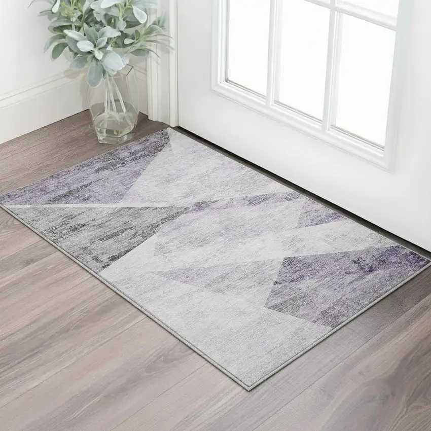 Purple Gray And Silver Geometric Washable Area Rug With UV Protection Photo 1