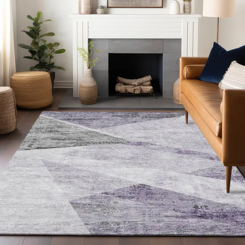Purple Gray And Silver Geometric Washable Area Rug With UV Protection Photo 6