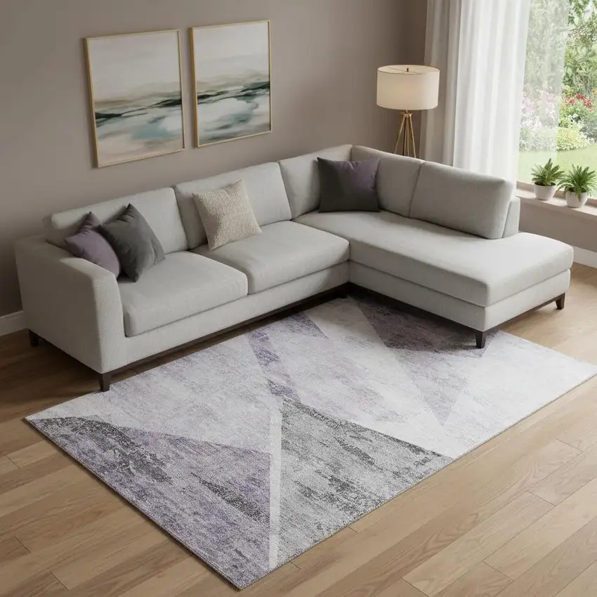 Purple Gray And Silver Geometric Washable Area Rug With UV Protection Photo 1