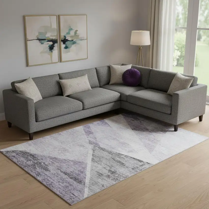 Purple Gray And Silver Geometric Washable Area Rug With UV Protection Photo 1