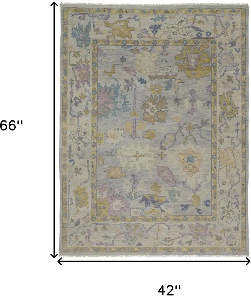 Purple Gray and Gold Wool Oriental Hand Knotted Area Rug With Fringe Photo 3