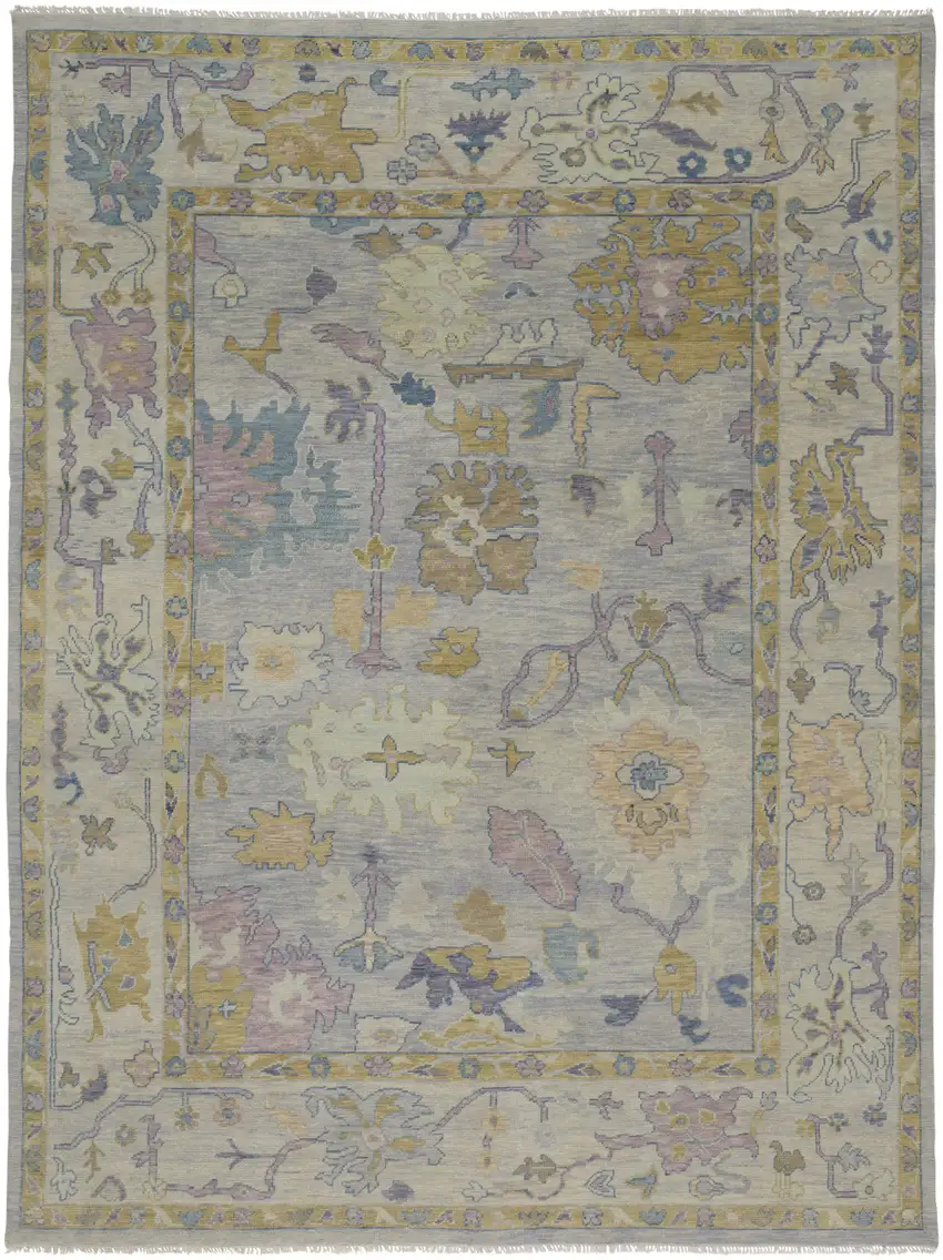 Purple Gray and Gold Wool Oriental Hand Knotted Area Rug With Fringe Photo 5