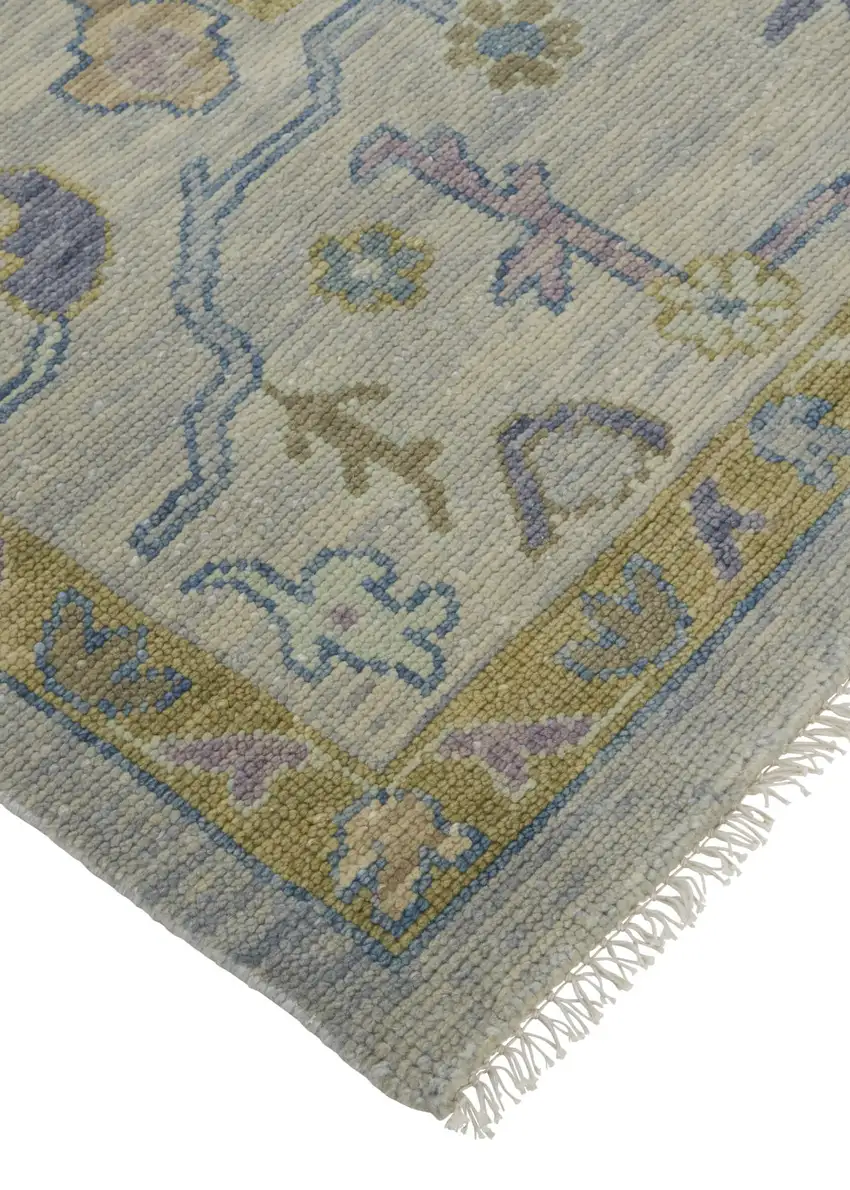 Purple Gray and Gold Wool Oriental Hand Knotted Area Rug With Fringe Photo 8