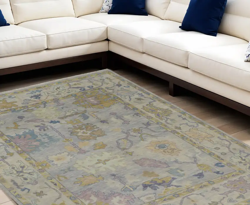 Purple Gray and Gold Wool Oriental Hand Knotted Area Rug With Fringe Photo 1