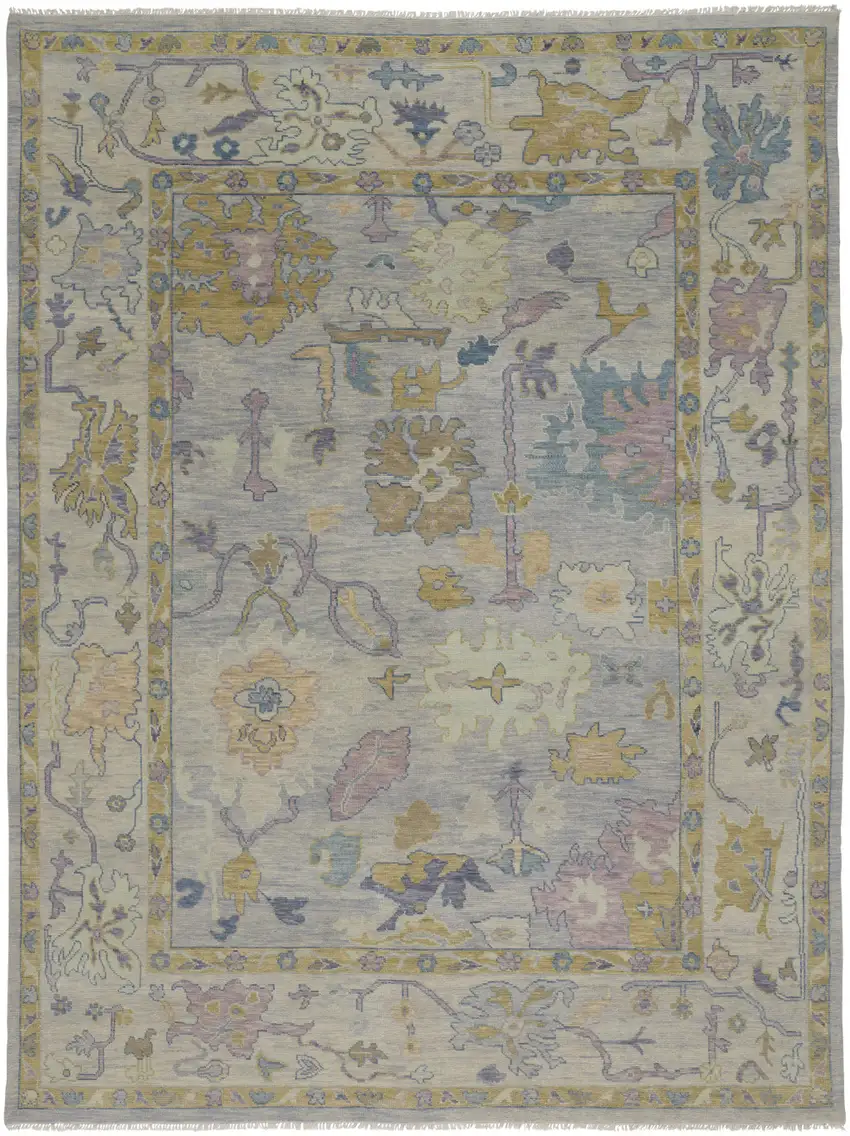 Purple Gray and Gold Wool Oriental Hand Knotted Area Rug With Fringe Photo 6