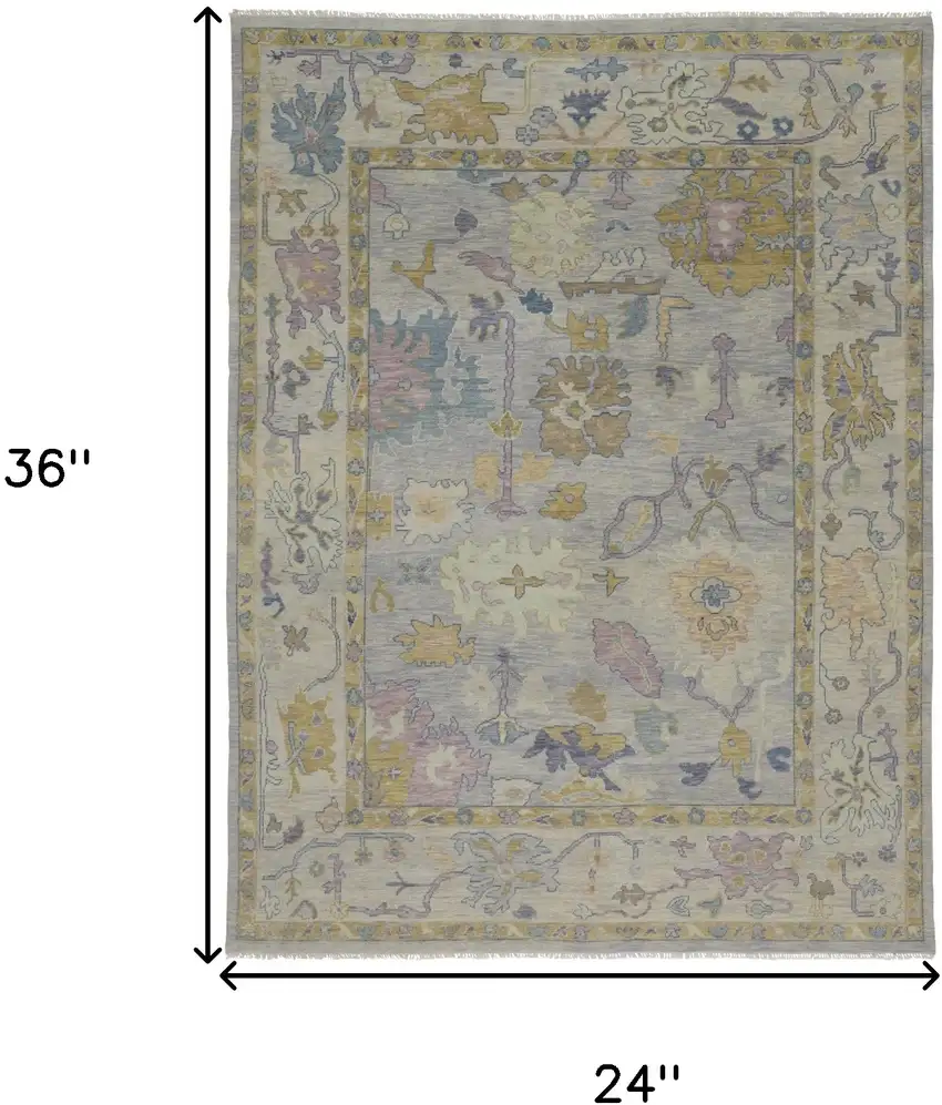 Purple Gray and Gold Wool Oriental Hand Knotted Area Rug With Fringe Photo 3