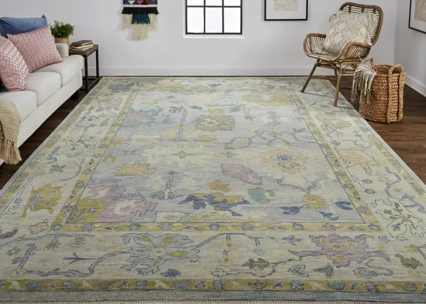 Purple Gray and Gold Wool Oriental Hand Knotted Area Rug With Fringe Photo 9