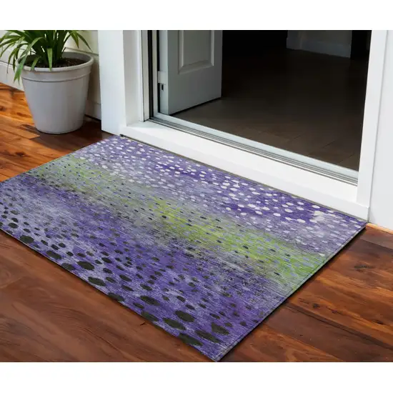 Purple Green And Black Abstract Washable Indoor Outdoor Area Rug Photo 1