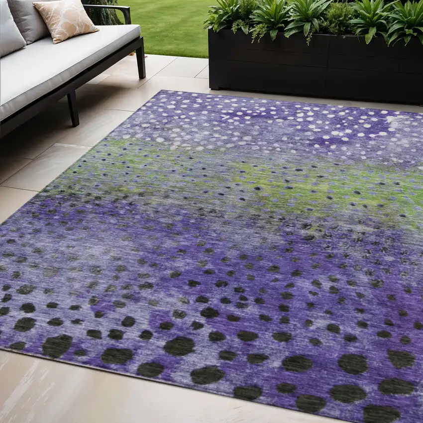 Purple Green And Black Abstract Washable Indoor Outdoor Area Rug Photo 1