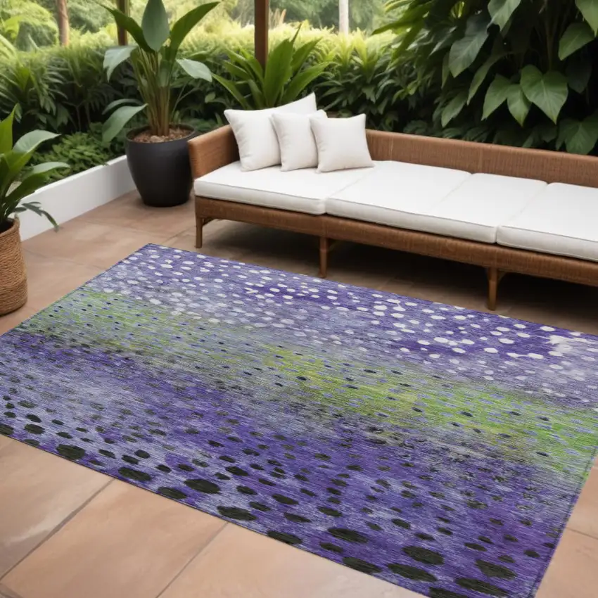 Purple Green And Black Abstract Washable Indoor Outdoor Area Rug Photo 1