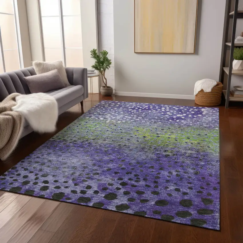 Purple Green And Black Abstract Washable Indoor Outdoor Area Rug Photo 9