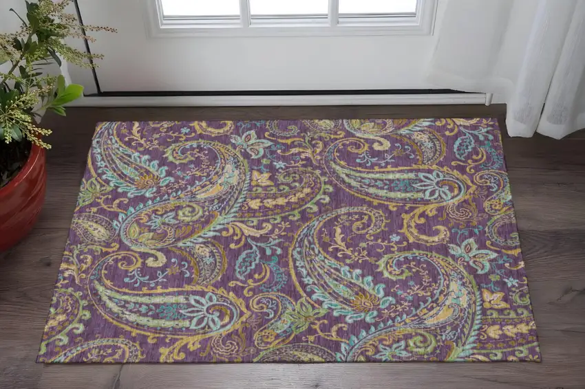 Purple Green And Blue Paisley Washable Area Rug With UV Protection Photo 2