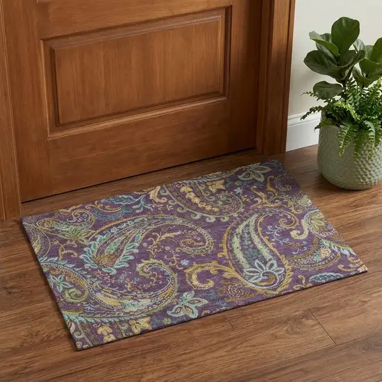 Purple Green And Blue Paisley Distressed Washable Area Rug With UV Protection Photo 1