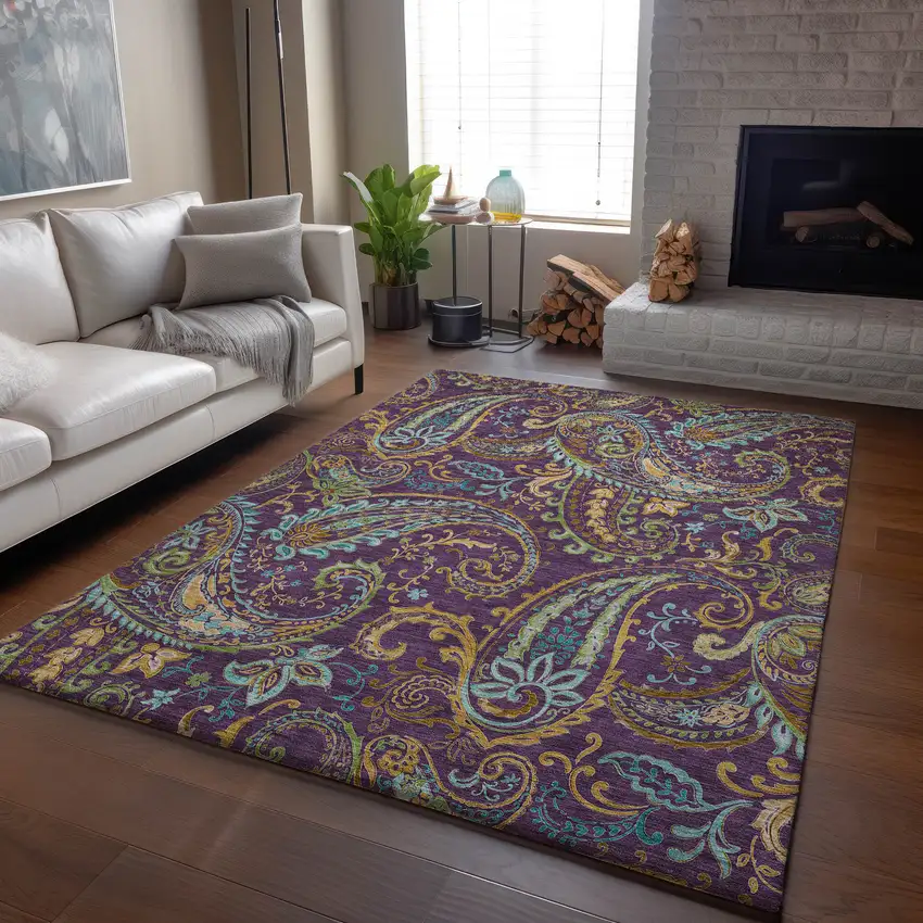 Purple Green And Blue Paisley Distressed Washable Area Rug With UV Protection Photo 5