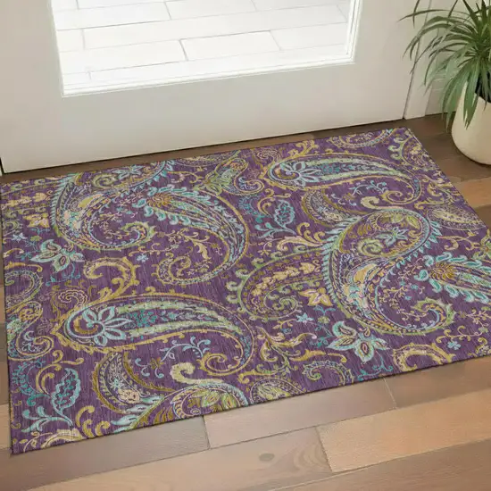 Purple Green And Blue Paisley Washable Area Rug With UV Protection Photo 1