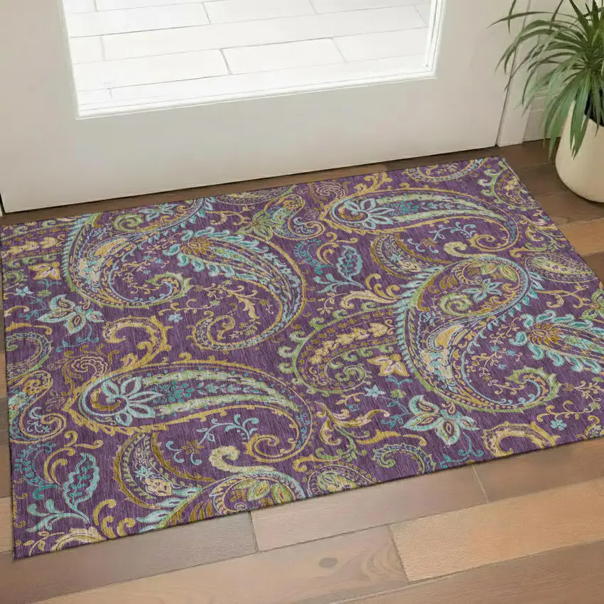 Purple Green And Blue Paisley Washable Area Rug With UV Protection Photo 1