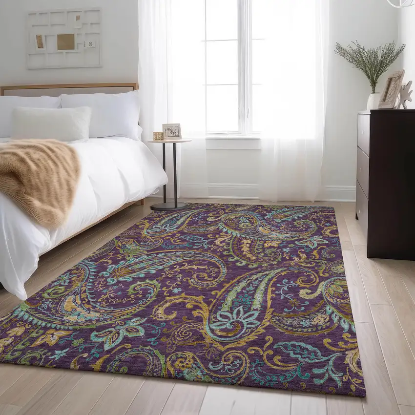 Purple Green And Blue Paisley Distressed Washable Area Rug With UV Protection Photo 4