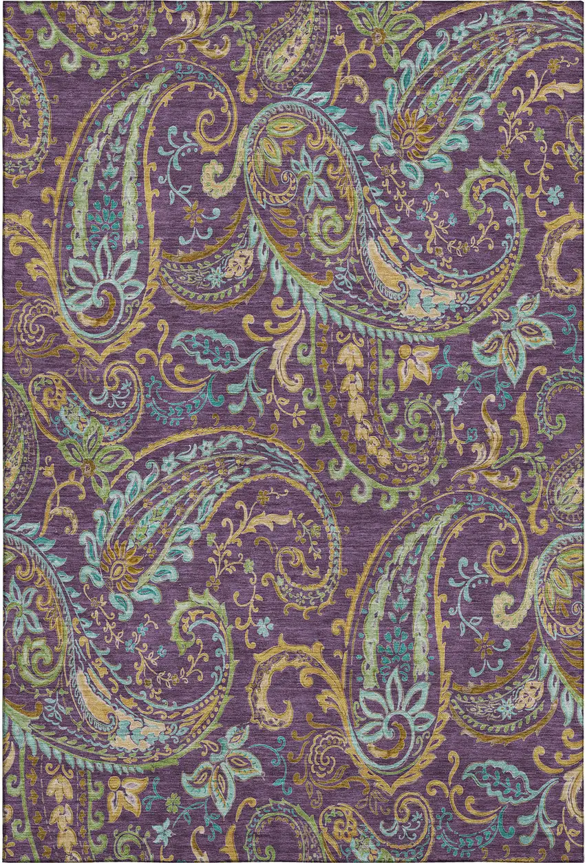 Purple Green And Blue Paisley Washable Area Rug With UV Protection Photo 1