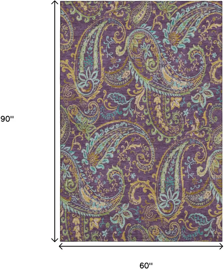 Purple Green And Blue Paisley Washable Area Rug With UV Protection Photo 9