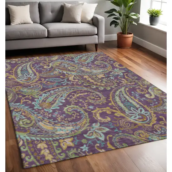 Purple Green And Blue Paisley Washable Area Rug With UV Protection Photo 2
