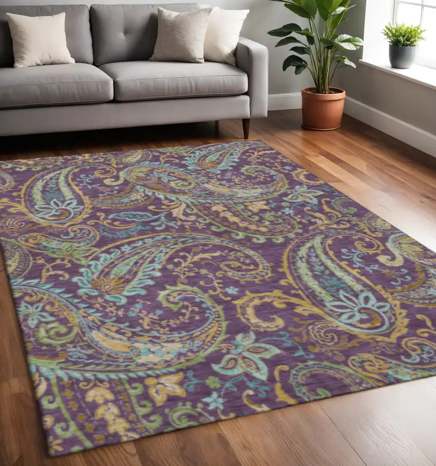Purple Green And Blue Paisley Washable Area Rug With UV Protection Photo 2