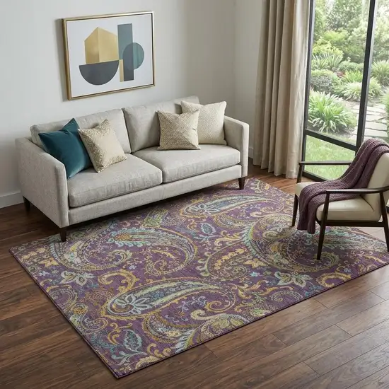Purple Green And Blue Paisley Washable Area Rug With UV Protection Photo 1
