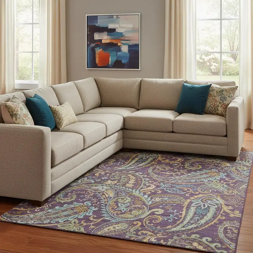 Purple Green And Blue Paisley Washable Area Rug With UV Protection Photo 1