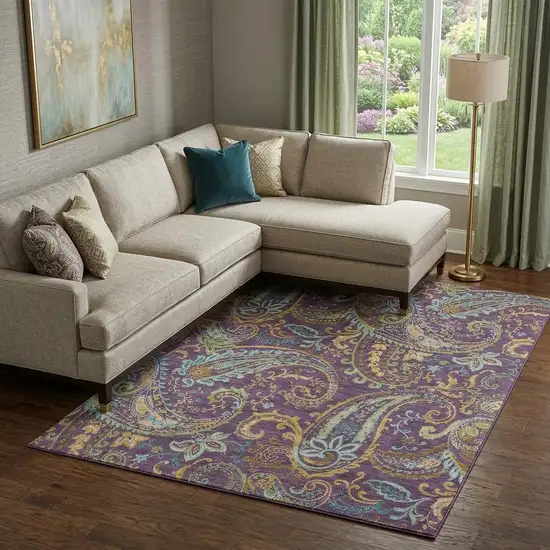 Purple Green And Blue Paisley Washable Area Rug With UV Protection Photo 1