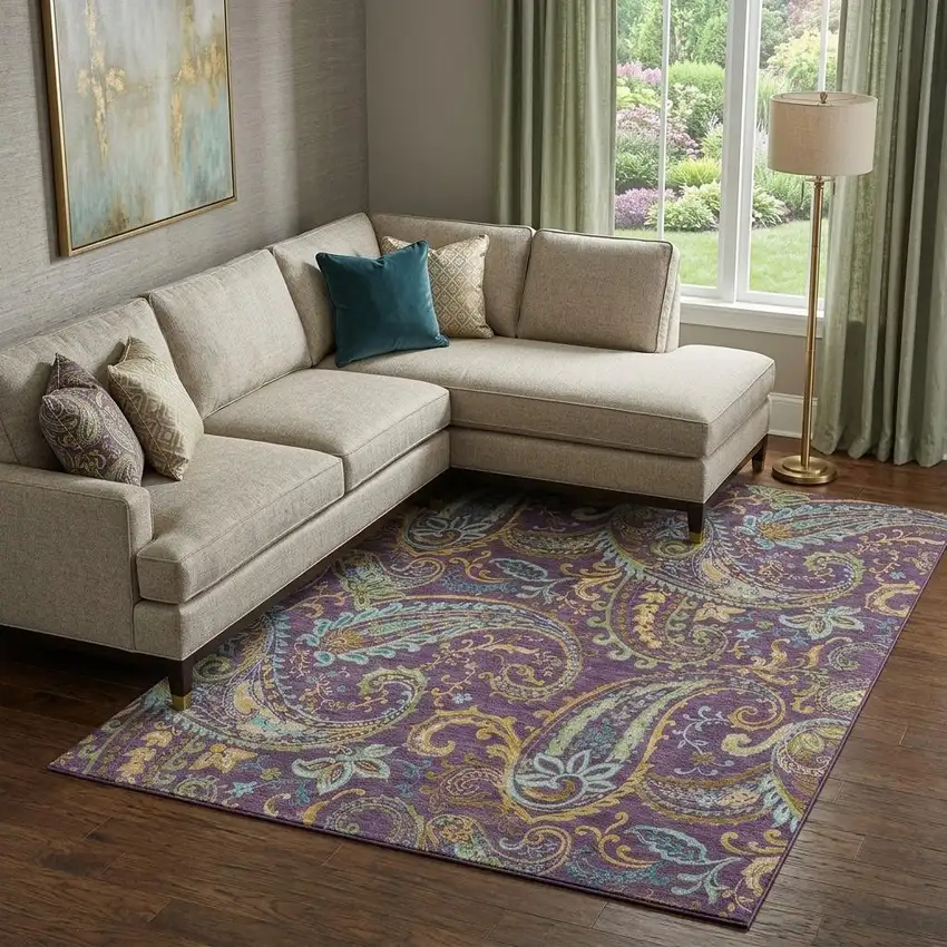 Purple Green And Blue Paisley Washable Area Rug With UV Protection Photo 1