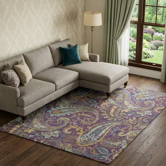 Purple Green And Blue Paisley Washable Area Rug With UV Protection Photo 1