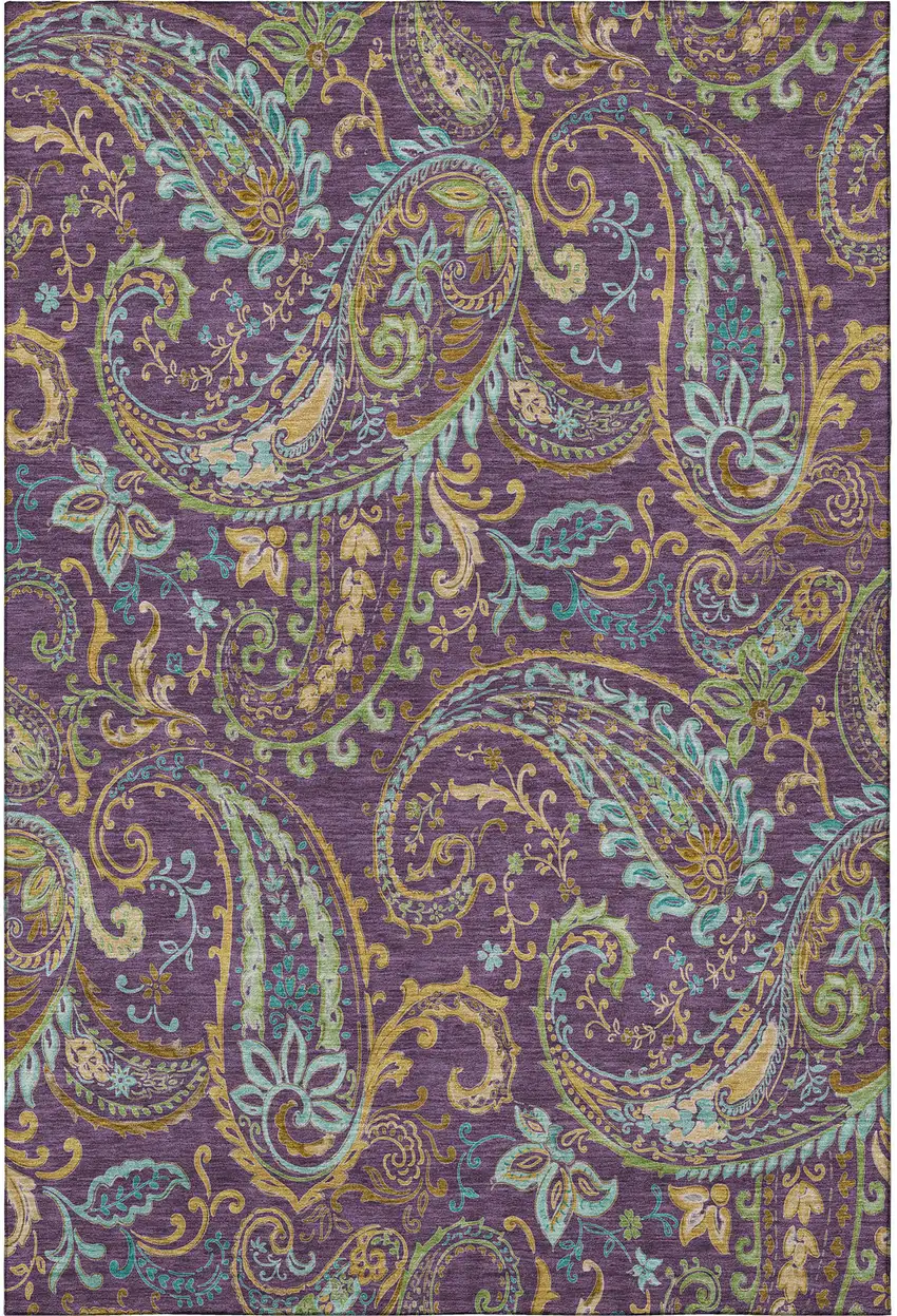 Purple Green And Blue Paisley Washable Area Rug With UV Protection Photo 4