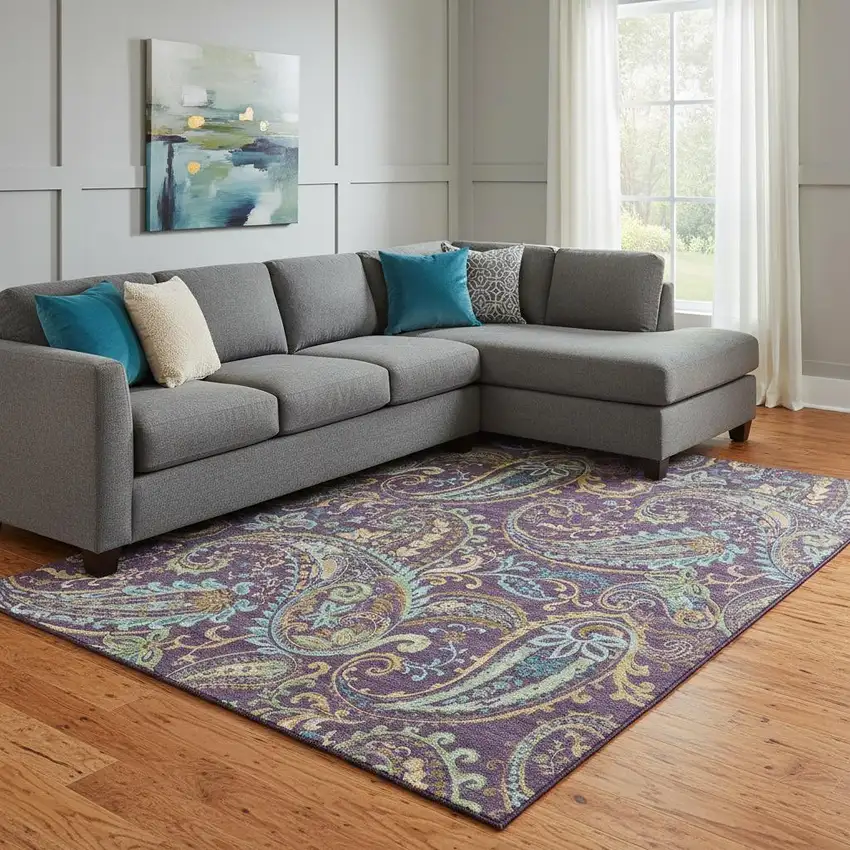 Purple Green And Blue Paisley Washable Area Rug With UV Protection Photo 1